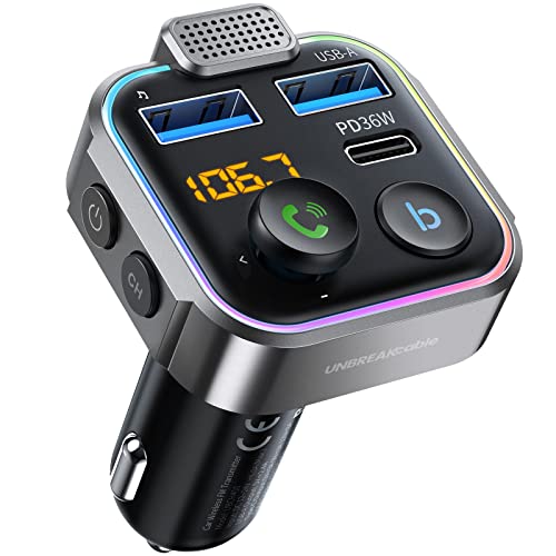 UNBREAKcable Bluetooth FM Transmitter, KFZ Bluetooth Auto Radio Adapter, 48W Schnelles Autoladegerät, Farblichter LED, Hi-Fi & Bass Verstärker, Freisprechfunktion, Unterstützt USB-Sticks von UNBREAKcable