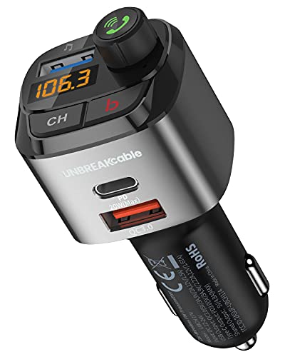 UNBREAKcable Bluetooth FM Transmitter Auto Radio Adapter, Auto Ladegerät mit PD3.0 und QC3.0 Ladeanschluss, Bass Verstärker, Freisprechfunktion, Siri und Google Assistant Unterstützung von UNBREAKcable