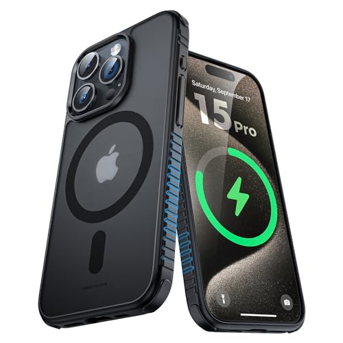 UNBREAKcable Magnetisch für iPhone 15 Pro Hülle für MagSafe [Stoßfest in Militärqualität] [rutschfeste Seitenrillen], Matte Rückseite & Weiche Silikon Schutzhülle, Durchscheinende Schwarz von UNBREAKcable