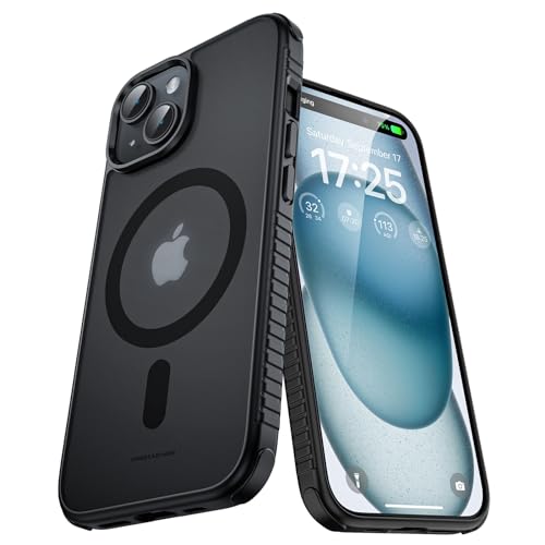 UNBREAKcable Magnetische Hülle für iPhone 15, [Kompatibel mit MagSafe] [Stoßfest in Militärqualität] [rutschfest] Durchscheinende, Matte Rückseite, weiche Silikon-Schutzhülle für iPhone 15, Schwarz von UNBREAKcable