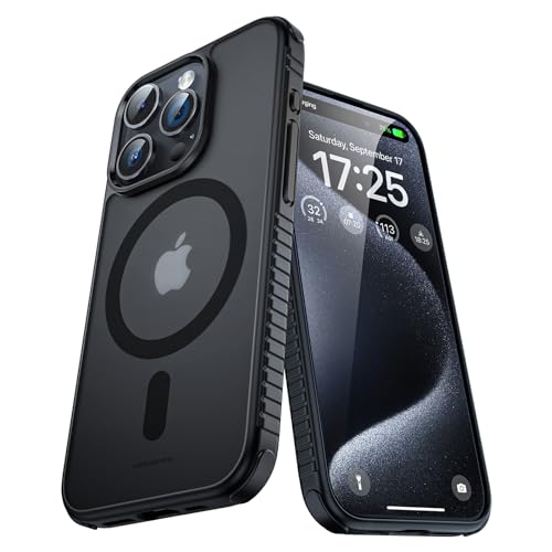 UNBREAKcable Magnetische Hülle für iPhone 15 Pro Max, [Kompatibel mit MagSafe] [Stoßfest in Militärqualität] Durchscheinende, matte Rückseite, weiche Silikon-Schutzhülle für iPhone 15 Pro Max, Schwarz von UNBREAKcable