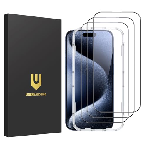 UNBREAKcable Panzer Schutz Glas für das iPhone 15 Pro Max [3er-Pack] [1:1 Vollabdeckung] [99,99% HD-Klar] [Einfacher Installationsrahmen] [9H-Härtegrad] für Apple 6,7 Zoll von UNBREAKcable