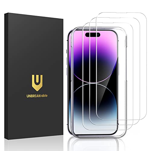 UNBREAKcable Panzer Schutz Glas iPhone 14 Pro Max [3 Stück] Schutzfolie, 9H Härte Schutzglas, 2.5D Double Defense Displayschutzfolie, Kratzfest, Anti-Fingerprint und blasenfrei von UNBREAKcable