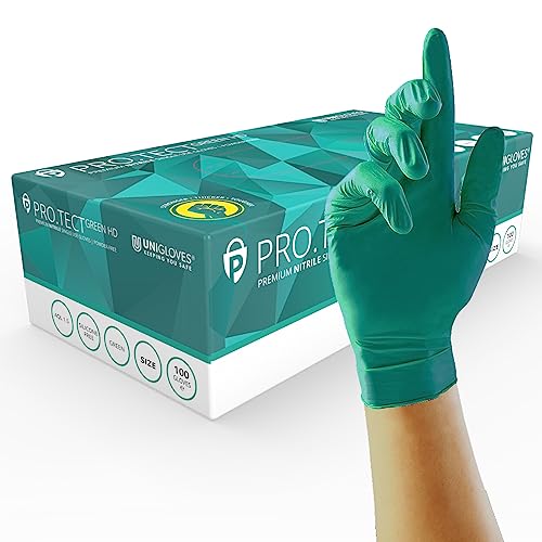 UNIGLOVES PRO.TECT Green HD Nitril-Einweghandschuhe – Ultra strapazierfähig, Einmalgebrauch, Mehrzweck, puderfrei, Box mit 100 Handschuhen, Größe L (GA0084) von UNIGLOVES