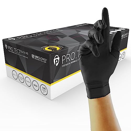 UNIGLOVES PRO.TECT Schwarze HD-Nitril-Einweghandschuhe – Ultra strapazierfähig, Einmalgebrauch, multifunktional, puderfrei, Box mit 100 Handschuhen, Größe L (GA0064) von UNIGLOVES