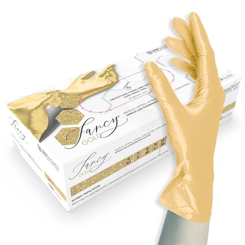 UNIGLOVES - Passgenaue FANCY Gold Einweghandschuhe aus Nitril | Lebensmittelecht, puderfrei & latexfrei | hohe Festigkeit & Haltbarkeit | 100 Stück | Einmalhandschuh XL von UNIGLOVES