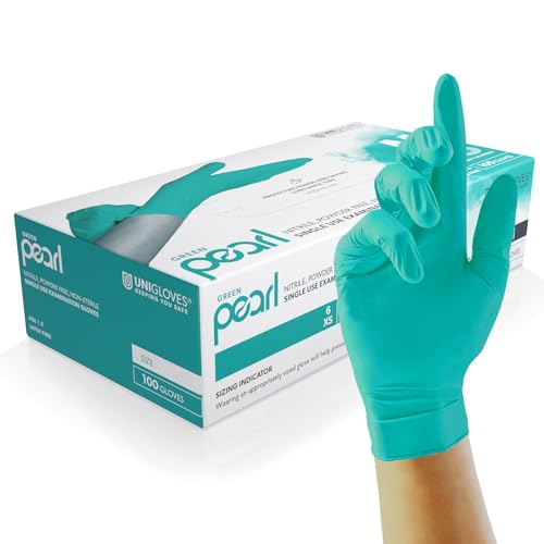 UNIGLOVES Green Pearl Nitril-Untersuchungshandschuhe - vielseitig einsetzbar, puderfreie und latexfreie Einweghandschuhe - Box mit 100 Handschuhen, Grün, Klein (GP0042) von UNIGLOVES