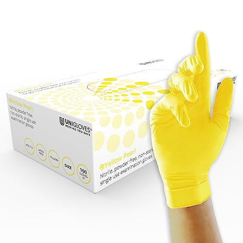 UNIGLOVES Yellow Pearl Nitril-Untersuchungshandschuhe - vielseitig einsetzbar, puderfreie und latexfreie Einweghandschuhe - Box mit 100 Handschuhen, Gelb, Groß (GP0114) von UNIGLOVES