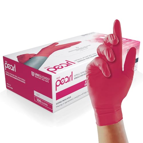 UNIGLOVES Red Pearl Nitril-Untersuchungshandschuhe - vielseitig einsetzbar, puderfreie und latexfreie Einweghandschuhe - Box mit 100 Handschuhen, Rot, Mittel (GP0063) von UNIGLOVES