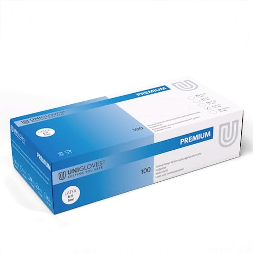 UNIGLOVES - Premium® Vinyl Handschuhe | Medizinische Handschuhe | Latexfrei, puderfrei & lebensmittelecht | Für medizinische Bereiche | 100 Stück | M von UNIGLOVES