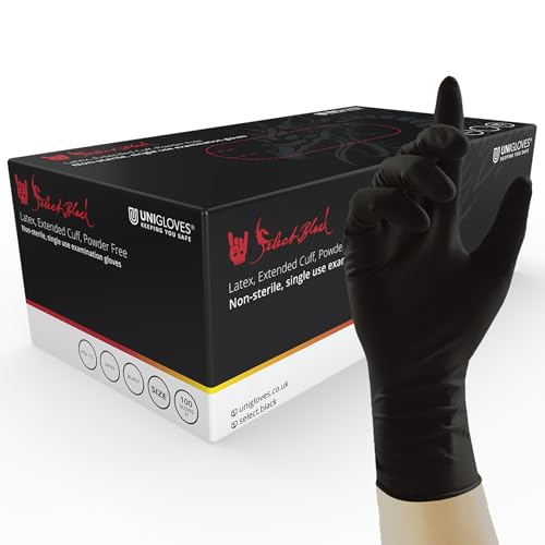 UNIGLOVES Select Black Latex Extended Cuff GT0015 Einweghandschuhe, puderfrei, optimiert für Tätowierer, Box mit 100 Handschuhen, Schwarz, Größe XL von UNIGLOVES