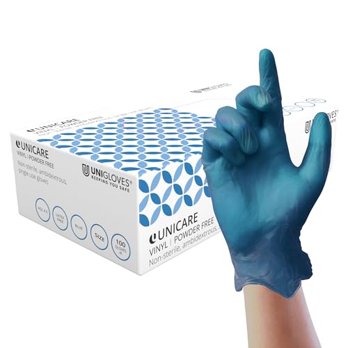 UNIGLOVES Unicare Blue Vinylhandschuhe - vielseitig einsetzbar, puder- und latexfreie Einweghandschuhe - Box mit 100 Handschuhen, blau, Mittel (GS0083) von UNIGLOVES