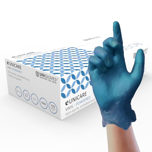 UNIGLOVES Unicare GS0095 Einmalhandschuhe, Vinyl, gepudert, Blau, Größe XL, 100 Stück von UNIGLOVES