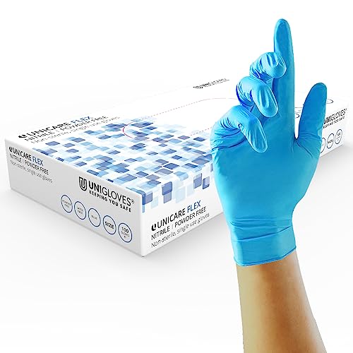 UNIGLOVES Unicare GS0214 Flex Nitril Mehrzweck-Einweghandschuhe, puderfrei, ultraleicht, Box mit 100 Handschuhen, Blau, Größe L von UNIGLOVES
