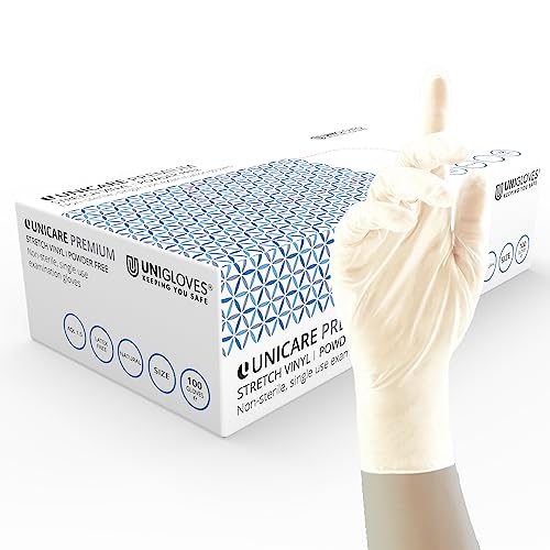 UNIGLOVES Unicare GU0072-A Premium-Stretch-Vinyl-Einweghandschuhe, puderfrei, latexfrei, schwer, Box mit 100 Handschuhen, naturfarben, Größe S von UNIGLOVES