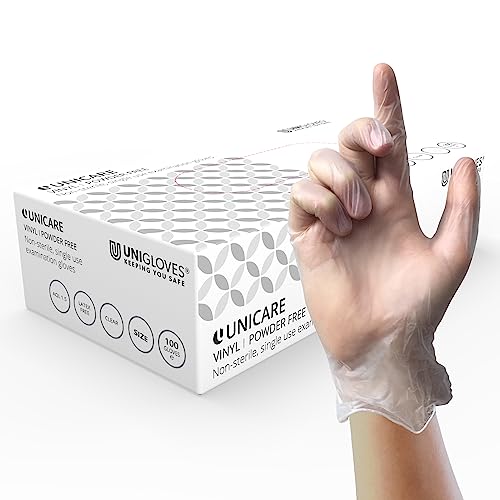 UNIGLOVES Unicare Vinyl - vielseitig einsetzbare Einweghandschuhe, puderfrei, latexfrei, mittlere Stärke - Box mit 100 Handschuhen, klar, Größe Groß (GS0064) von UNIGLOVES