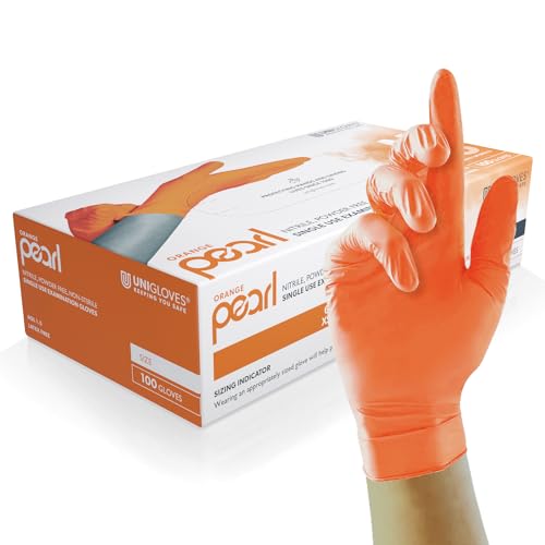 UNIGLOVES Orange Pearl Nitril-Untersuchungshandschuhe - vielseitig einsetzbar, puderfreie und latexfreie Einweghandschuhe - Box mit 100 Handschuhen, Orange, Groß (GP0134) von UNIGLOVES