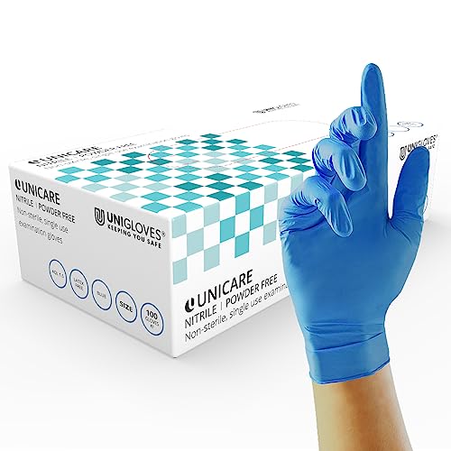 UNIGLOVES Unicare Nitril-Untersuchungshandschuhe - vielseitig einsetzbar, puderfrei, medizinische Einweghandschuhe - Box mit 100 Handschuhen, blau, Extra groß (GS0035) von UNIGLOVES