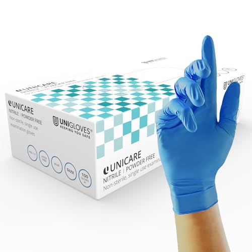 UNIGLOVES Unicare Nitril-Untersuchungshandschuhe - vielseitig einsetzbar, puderfrei, medizinische Einweghandschuhe - Box mit 100 Handschuhen, blau, klein (GS0032) UNIGLOVES Unicare Nitril-Untersuchungshandschuhe - vielseitig einsetzbar, puderfrei, medizinische Einweghandschuhe - Box mit 100 Handschuhen, blau, klein (GS0032) von UNIGLOVES