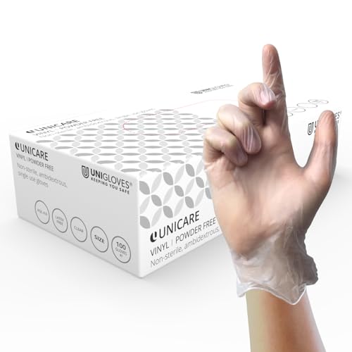 UNIGLOVES Unicare Clear Vinyl Untersuchungshandschuhe - vielseitig einsetzbar, puder- und latexfreie Einweghandschuhe - Box mit 100 Handschuhen, klar, mittel (GS0063-A) UNIGLOVES Unicare Clear Vinyl Untersuchungshandschuhe - vielseitig einsetzbar, puder- und latexfreie Einweghandschuhe - Box mit 100 Handschuhen, klar, mittel (GS0063-A) von UNIGLOVES