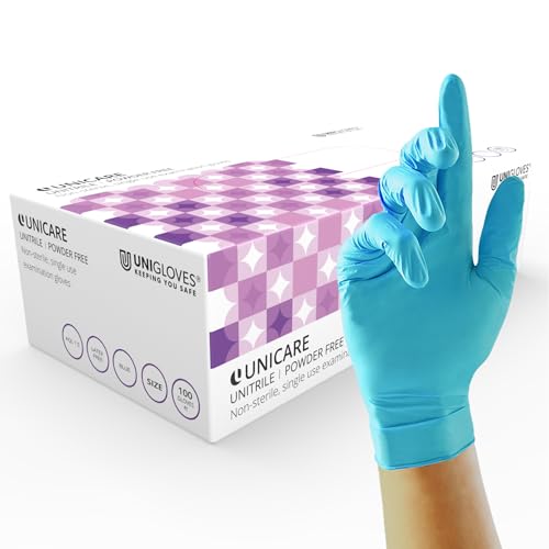 UNIGLOVES Unitrile VinylNitril Einweg-Untersuchungshandschuhe - vielseitig einsetzbar, puder- und latexfreie Handschuhe - Box mit 100 Handschuhen, blau, Groß (GS0054) von UNIGLOVES
