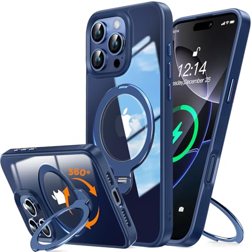 UNIOTEK 360° Drehbarer Hülle Magnetische für iPhone 16 Pro Max Hülle 6,9" [Unsichtbarer Ständer für MagSafe] [Schutz in Militärqualität] Transparente Schutzhülle Stoßfeste Weiche TPU Rand, Dunkelblau von UNIOTEK
