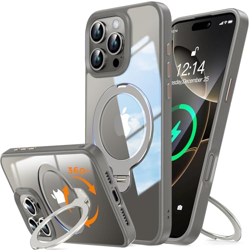 UNIOTEK 360° Drehbarer Hülle Magnetische für iPhone 16 Pro Max Hülle 6,9" [Unsichtbarer Ständer für MagSafe] [Schutz in Militärqualität] Transparente Schutzhülle Stoßfeste Weiche TPU Rand, Titan Natur von UNIOTEK