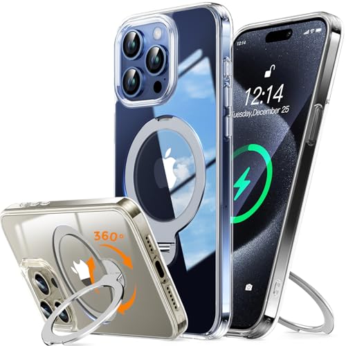UNIOTEK 360° Drehbarer Hülle Magnetische für iPhone 12/12 Pro Hülle 6,1" [Unsichtbarer Ständer für MagSafe] [Schutz in Militärqualität] Transparente Schutzhülle Stoßfeste Weiche TPU Rand, Transparent von UNIOTEK