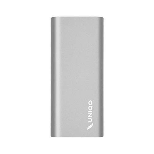 UNIQO Powerbank 10000 mAh für Android Handys, iPhone 15/14/13 und höher, 2 USB Ausgänge, USB-C und Micro USB Eingang, 4 Status LEDs, inkl. Ladekabel, satiniertes Aluminiumgehäuse silber von UNIQO