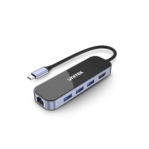 UNITEK Aluminium USB A 3.1 Gen1 Hub 5Gbps Power Delivery 100W mit 15cm Kabel USB-C Stecker 6 Ports 3X USB-A 1x HDMI 1x USB-C und 1 x 1.4 Gigabit Ethernet RJ45 Plug and Play von UNITEK