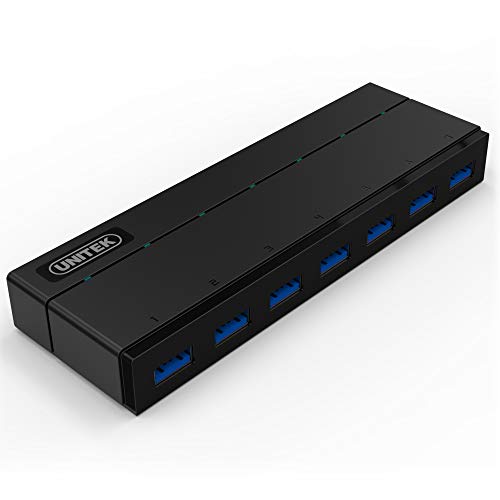 UNITEK Hub 7 Port USB 3.0 aktiv mit Stromversorgung, Datenhub Multiport Verteiler für PC, Laptop, Tastatur, Mouse, Drucker, iOS (Mac) + Windows Kompatibilität, Plug&Play, Schwarz von UNITEK