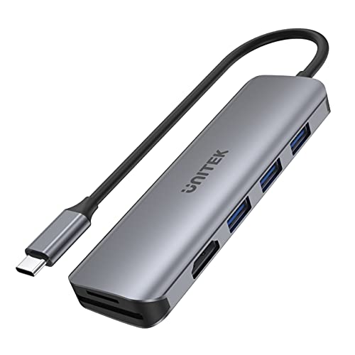 uHUB P5+ 6-in-1 USB-C Hub mit HDMI und Dual Card Reader H1107F / USB3.1 Gen1 5Gbps SuperSpeed/Ultraflaches Aluminiumgehäuse / 4K@30Hz HDMI mit HDCP2.2 von UNITEK