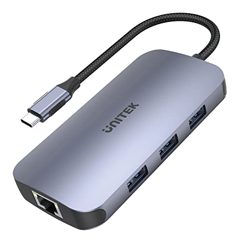 uHUB Unitek D1071A N9+ 9-in-1 USB-C Ethernet Hub mit HDMI, 100W Power Delivery und Card Reader/Aluminium/Nylon Kabel/USB-A, USB-C (Netzteil), HDMI 2.0, Card Reader, Anschluss RJ -45 von UNITEK