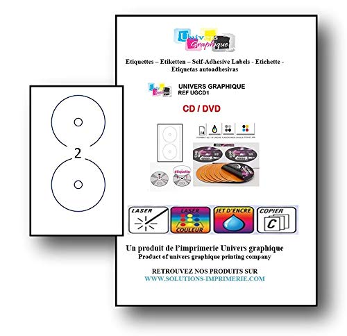 10 Bogen DIN A4 zu je 2 CD/DVD Etiketten Ø 117 = 20 bedruckbare CD/DVD-Etiketten, inkl. Positionierhilfe, mattweiß, selbstklebend. Kompatibel mit allen gängigen Drucksystemen und Softwareprogrammen. von UNIVERS GRAPHIQUE