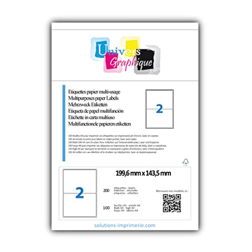 200 Etiketten Type A5 (199,6 x 143,5mm) = 100 Blatt A4 / 2 Etiketten, mattweiss, selbstklebend, bedruckbar, permanent haftende Adressaufkleber. Kompatibel mit Laserdruckern und Tintenstrahldruckern. von UNIVERS GRAPHIQUE