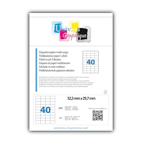 50 Bogen DIN A4 zu je 40 Mini-Etiketten (52,5 x 29,7 mm)= 2.000 bedruckbare Etiketten, permanent haftend, mattweiß. Kompatibel mit allen gängigen Drucksystemen und Softwareprogrammen von UNIVERS GRAPHIQUE