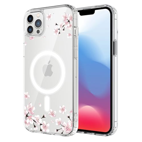 UNNKINE Magnetische Sakura Hülle für iPhone 15 Pro Max, kompatibel mit MagSafe kabelloses Laden, niedliches Kirschblüten-Design, stoßfest, kratzfest, Abdeckung für Männer und Frauen (klar) für iPhone von UNNKINE