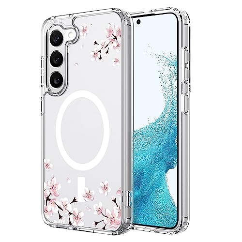 UNNKINE Magnetische Sakura Schutzhülle für Samsung Galaxy S23 Plus, kompatibel mit MagSafe, kabelloses Laden, niedliches Kirschblüten-Design, stoßfest, kratzfest, für Männer und Frauen (transparent) von UNNKINE