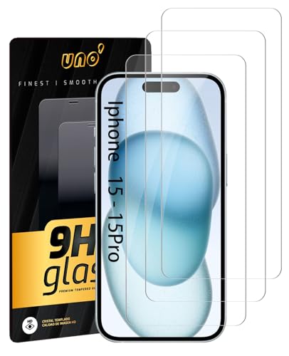 UNO' - 2 Displayschutzfolien aus gehärtetem Glas, kompatibel mit iPhone 15 und iPhone 15 Pro (6,1 Zoll), ultrawiderstandsfähig, transparent, blasenfrei, 9H, Anti-Fingerabdruck, kratzfest. von UNO'