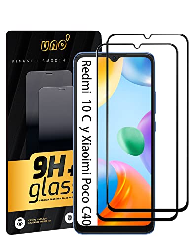 UNO' Displayschutzfolie aus gehärtetem Glas, 2 Stück, kompatibel mit Xiaomi Redmi 10C und Xiaoimi Poco C40, ultra-widerstandsfähig, blasenfrei, 9H, kratzfest, Schwarz, 2 Stück von UNO'