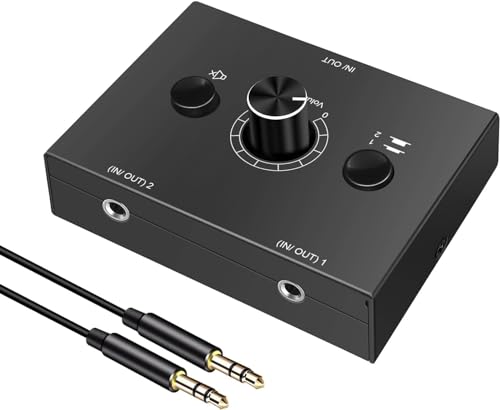 UNSTINCER 3,5mm Audio Switch 2(1)-In-1(2)-Out, Analog Stereo Sound Umschalter mit Volume Knopf Mute Button, ab Aux Selector Schalter Umschaltung für Radio Phone Lautsprecher Kopfhörer PC von UNSTINCER