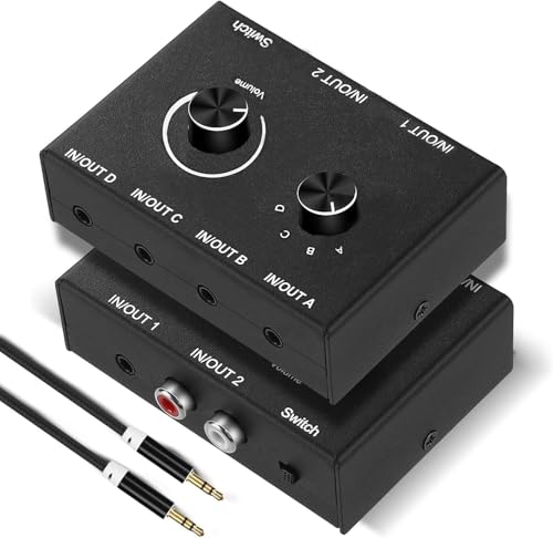 UNSTINCER 3,5mm und Chinch RCA Audio Switch 4(2)-In-2(4)-Out, Bidirektional Stereo Sound Umschalter mit Volume Control, Analog Aux Schalter für Plattenspieler Radio Kopfhörer Speaker PC von UNSTINCER