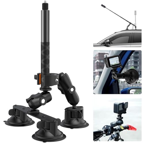 UNSTINCER Auto Dreifach Saugnapfhalterung und Klemme mit 118 cm Selfie Stick, Third Person Autohalterung für Insta360 Gopro Akaso Action Kamera, Halterung für KFZ Fahrrad Motorrad Lenker von UNSTINCER