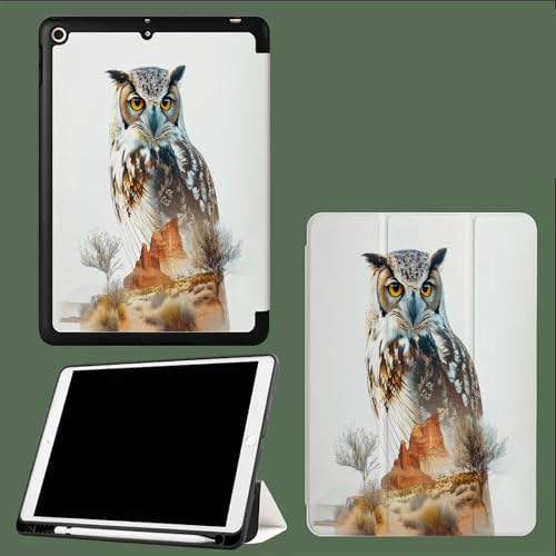 Aquarell Tiere Hülle für iPad 9. / 8. / 7. Generation mit Stifthalter 10.2 Zoll Modell 2021/2020 / 2019, Ultradünne Schutzhülle aus TPU mit Standfunktion für iPad 10.2 Eule von UOMSKTY