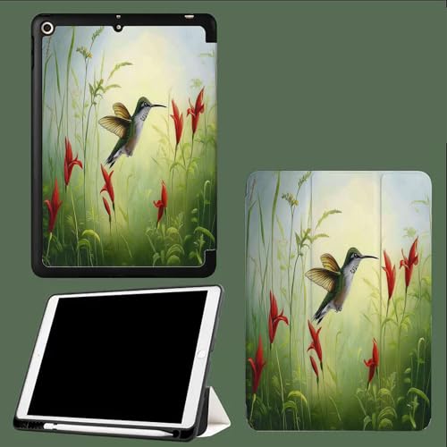 Für iPad Pro 12,9 Zoll (6./5./4. Gen 2022/2021/2020) Hülle mit Stifthalter, Soft TPU Rückseite, Unterstützen Pencil Aufladung, Auto Wachen/Schlafen Grüner Kolibri Blumen Gras-Grün von UOMSKTY