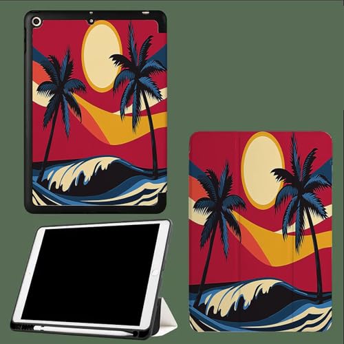 Für iPad Pro 12,9 Zoll (6./5./4. Gen 2022/2021/2020) Hülle mit Stifthalter, Soft TPU Rückseite, Unterstützen Pencil Aufladung, Auto Wachen/Schlafen Palmen Abbildung Sonnenuntergang Wellen-Rot von UOMSKTY