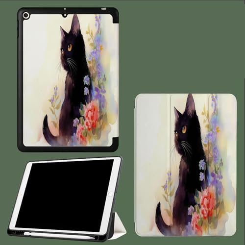 Für iPad Pro 12,9 Zoll (6./5./4. Gen 2022/2021/2020) Hülle mit Stifthalter, Soft TPU Rückseite, Unterstützen Pencil Aufladung, Auto Wachen/Schlafen Schwarze Katze Zeichentrick Tiere-Weiß von UOMSKTY