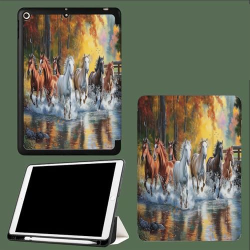 Herbstwald Hülle für iPad 10. Generation 2022 10.9 Zoll mit Stifthalter,ultradünne leichte Schutzhülle mit Auto Schlaf/Wach Funktion Laufendes Pferd von UOMSKTY