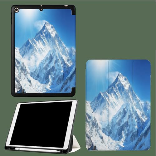 Hülle Kompatibel mit für iPad 10.2 Zoll (9/8/7 Generation-2021/2020/2019) mit Stifthalter,Dreifach Gefaltet Ständer Schutzhülle,Auto Schlaf/Wach Natur Schneebedeckte Berge Schneeszene-Blau von UOMSKTY