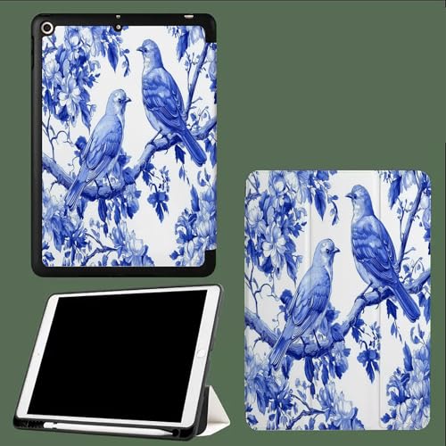 Hülle Kompatibel mit iPad Pro 12.9 Zoll 6./5./4 Generation (Modell 2022/2021/2020) mit Stifthalter, TPU Flexible Rückseite Standfunktion Blau Zweige Vogel-Weiß von UOMSKTY